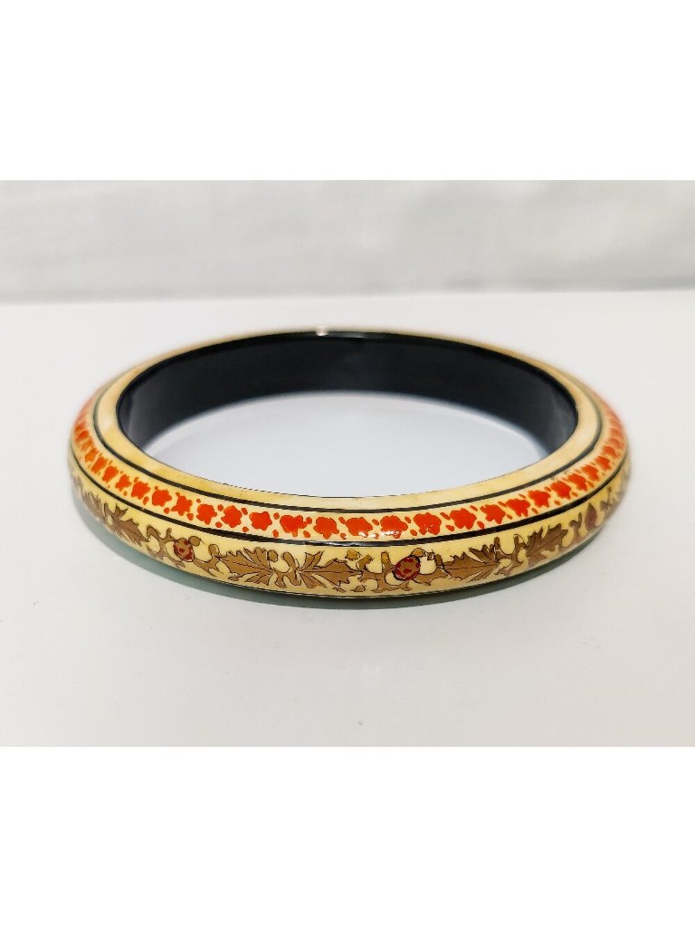 Vintage Kashmiri Cream Teal Orange Hand Painted Wood Bangle